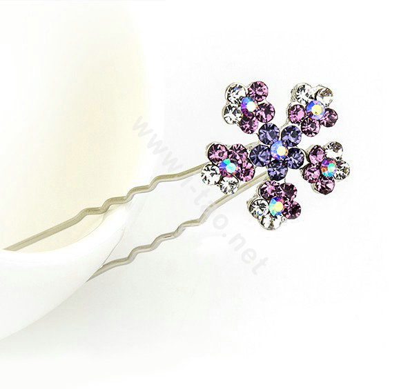 U Shape HairPin Crystal Rhinestone Flower Metal Hair Comb Clip Fork Stick - Purple