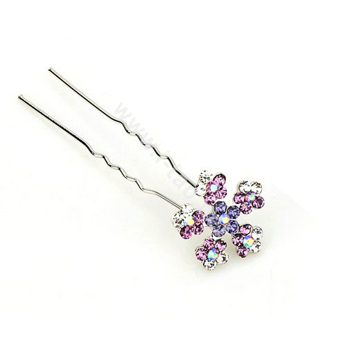 U Shape HairPin Crystal Rhinestone Flower Metal Hair Comb Clip Fork Stick - Purple