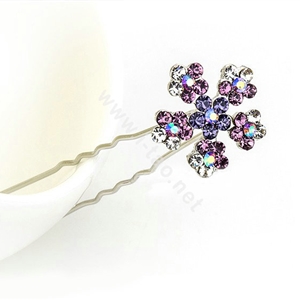 U Shape HairPin Crystal Rhinestone Flower Metal Hair Comb Clip Fork Stick - Purple