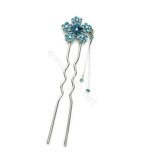 U Shape HairPin Crystal Rhinestone Flower Tassel Hair Comb Clip Fork Stick - Blue