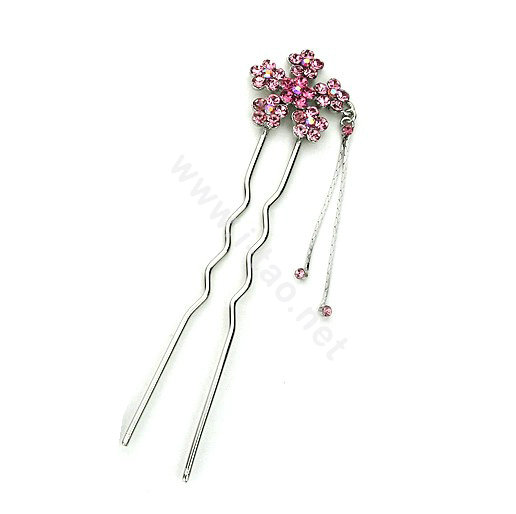 U Shape HairPin Crystal Rhinestone Flower Tassel Hair Comb Clip Fork Stick - Pink