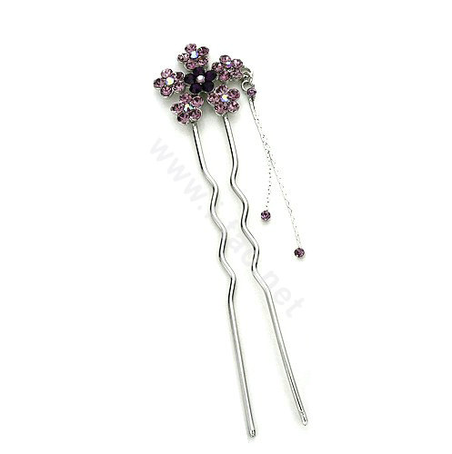 U Shape HairPin Crystal Rhinestone Flower Tassel Hair Comb Clip Fork Stick - Purple