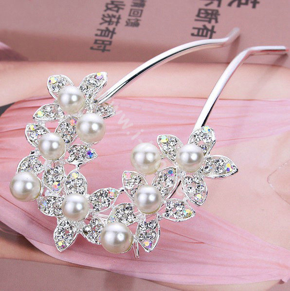 U Shape HairPin Crystal Rhinestone Pearl Flower Hair Comb Clip Fork Stick - White