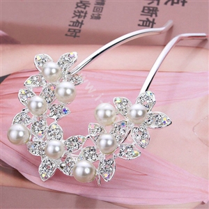 U Shape HairPin Crystal Rhinestone Pearl Flower Hair Comb Clip Fork Stick - White