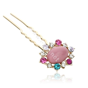 U Shape HairPin Crystal Rhinestone Sunflower Hair Comb Clip Fork Stick - Purple