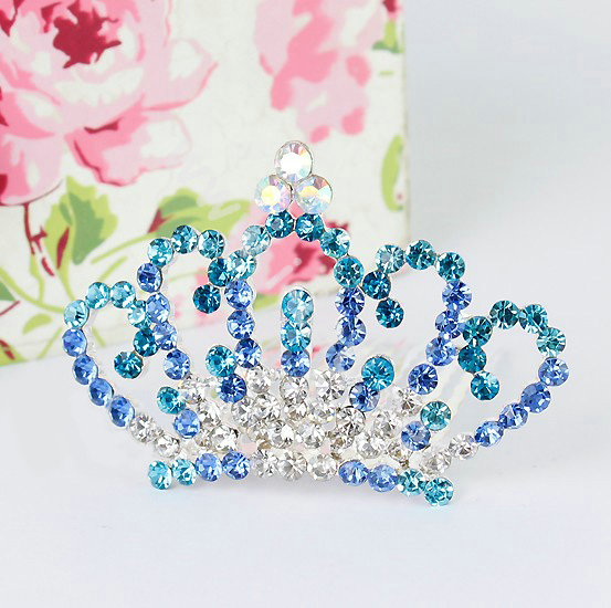 Alloy Crown Bride Hair Accessories Crystal Rhinestone Hair Pin Clip Combs - Blue