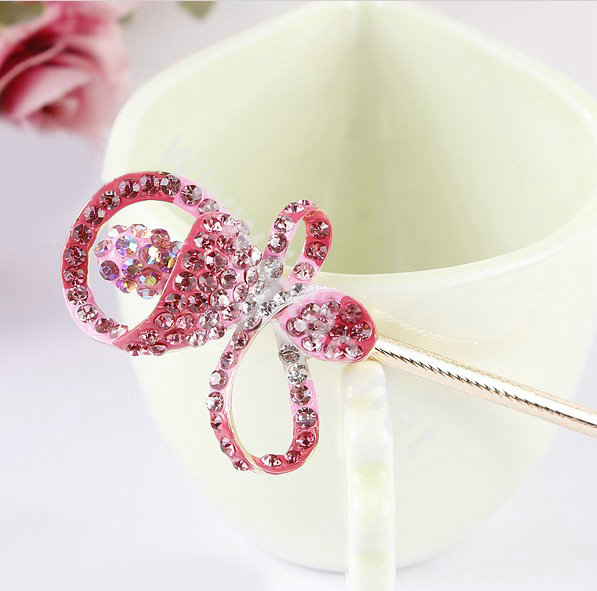 Bling Rhinestone Crystal Flower Hairpin Hair Clasp Clip Fork Stick - Pink