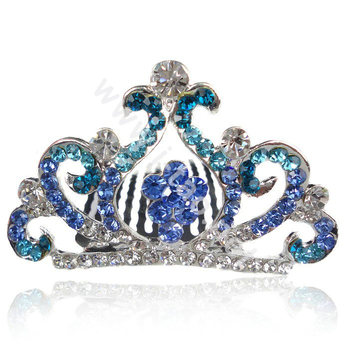 Bride Hair Accessories Crystal Rhinestone Crown Alloy Hair Pin Clip Combs - Blue