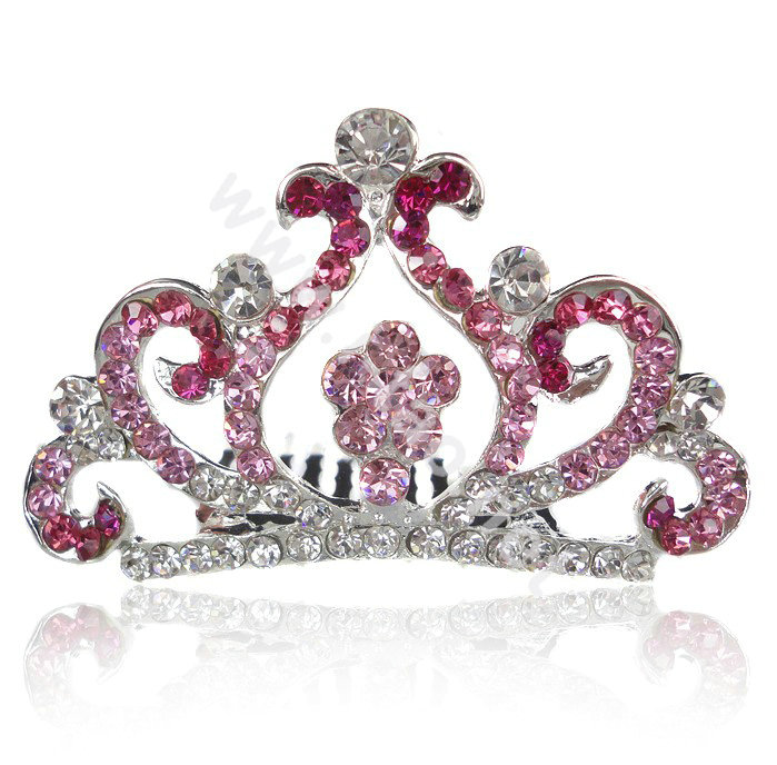Bride Hair Accessories Crystal Rhinestone Crown Alloy Hair Pin Clip Combs - Pink