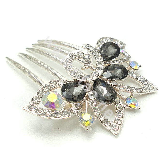 Bride Hair Accessories Crystal Rhinestone Flower Alloy Hair Clip Combs - Black