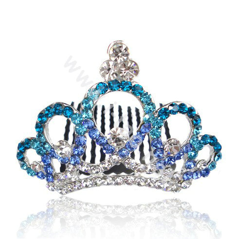 Bride Hair Accessories Rhinestone Crystal Alloy Crown Hair Pin Clip Combs - Blue