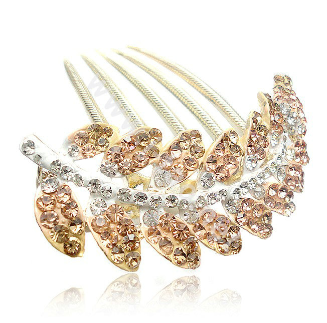 Elegant Hair Accessories Alloy Crystal Rhinestone Leaf Hair Combs Clip - Champagne