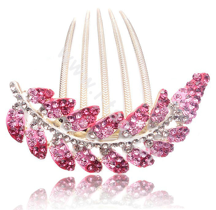 Elegant Hair Accessories Alloy Crystal Rhinestone Leaf Hair Combs Clip - Pink