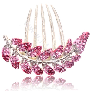 Elegant Hair Accessories Alloy Crystal Rhinestone Leaf Hair Combs Clip - Pink