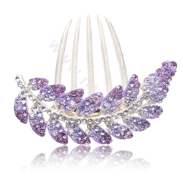 Elegant Hair Accessories Alloy Crystal Rhinestone Leaf Hair Combs Clip - Purple