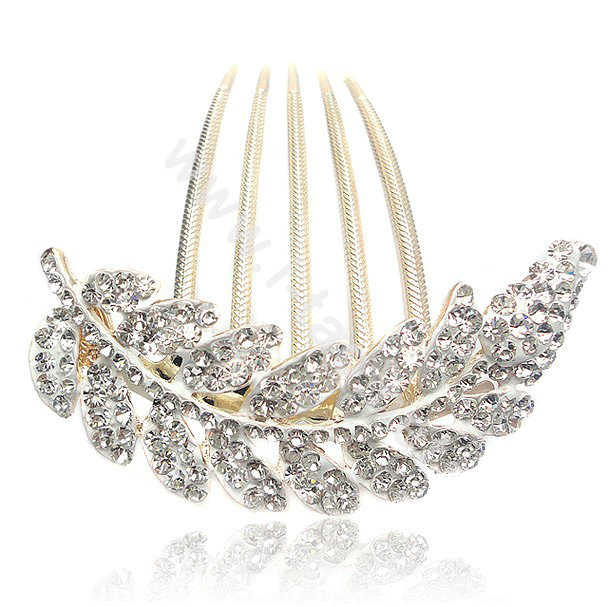 Elegant Hair Accessories Alloy Crystal Rhinestone Leaf Hair Combs Clip - White