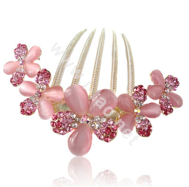 Elegant Hair Accessories Alloy Rhinestone Crystal Flower Hair Combs Clip - Pink
