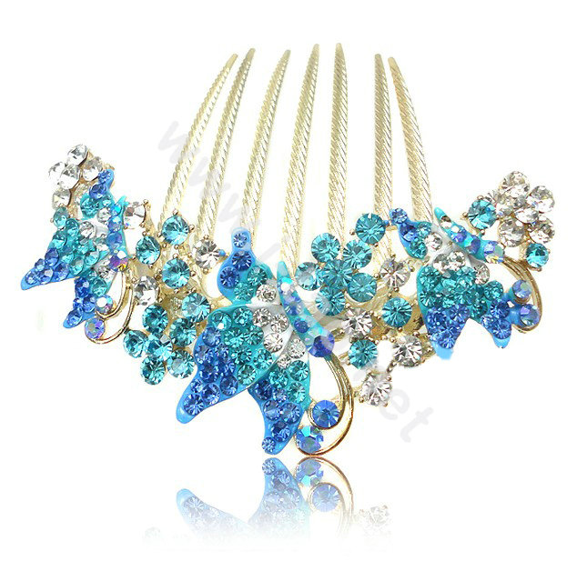 Elegant Hair Accessories Rhinestone Crystal Butterfly Alloy Hair Combs Clip - Blue