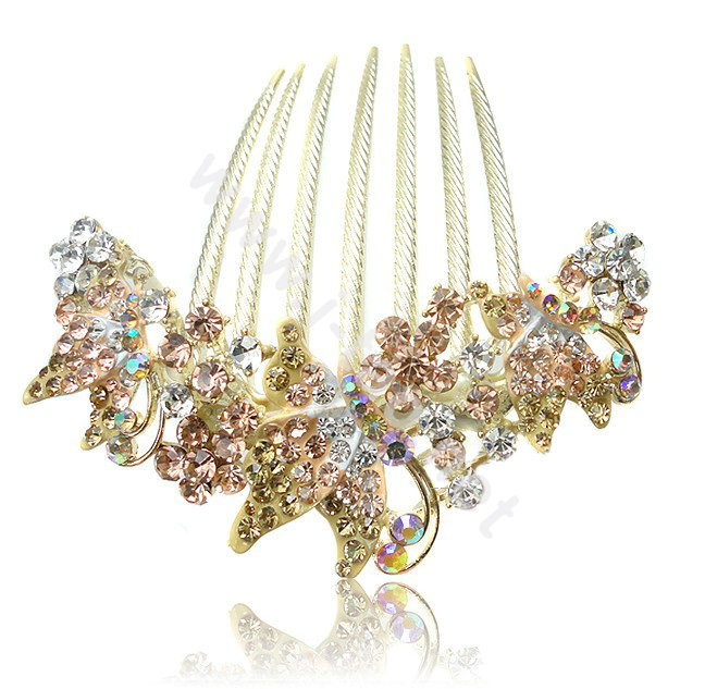 Elegant Hair Accessories Rhinestone Crystal Butterfly Alloy Hair Combs Clip - Champagne