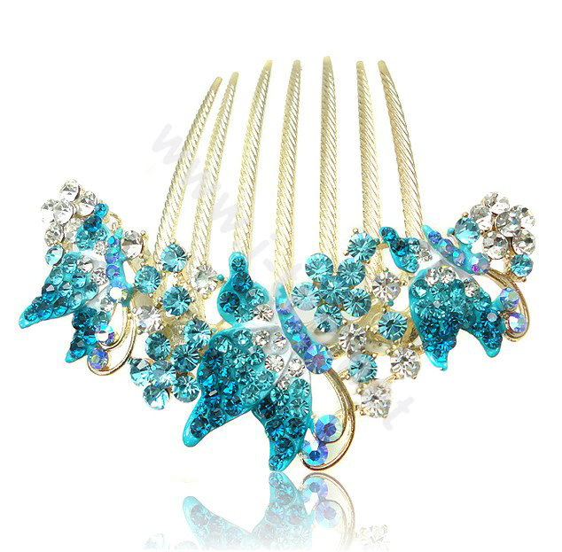 Elegant Hair Accessories Rhinestone Crystal Butterfly Alloy Hair Combs Clip - Sky blue