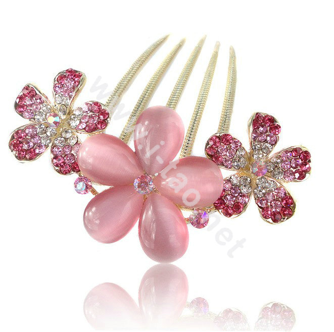 Elegant Hair Accessories Rhinestone Crystal Flower Alloy Hair Combs Clip - Pink