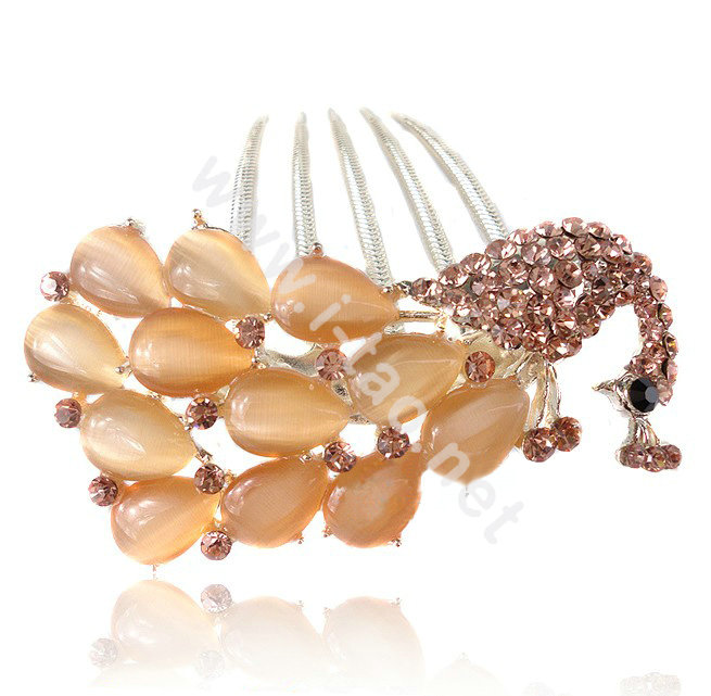 Elegant Hair Accessories Rhinestone Crystal Peacock Alloy Hair Combs Clip - Champagne