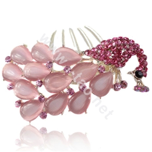Elegant Hair Accessories Rhinestone Crystal Peacock Alloy Hair Combs Clip - Pink