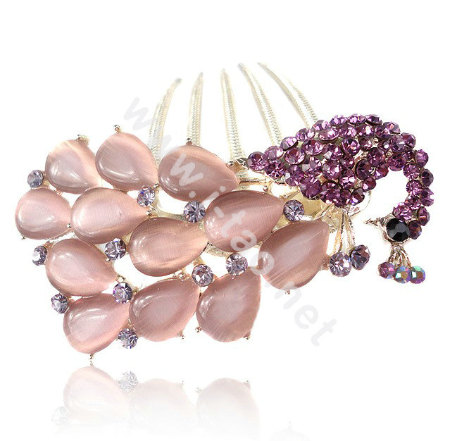 Elegant Hair Accessories Rhinestone Crystal Peacock Alloy Hair Combs Clip - Purple