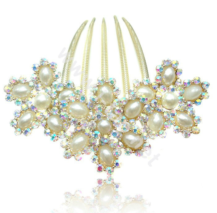 Elegant Hair Accessories Rhinestone Crystal Pearl Flower Alloy Hair Combs Clip - White