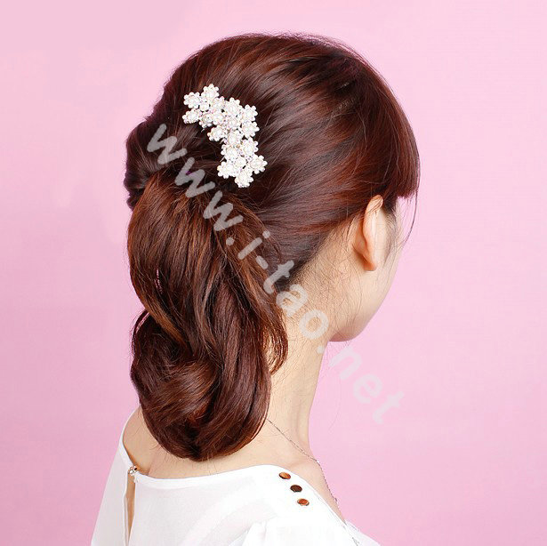 Elegant Hair Accessories Rhinestone Crystal Pearl Flower Alloy Hair Combs Clip - White