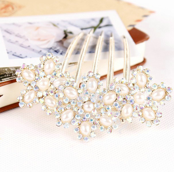 Elegant Hair Accessories Rhinestone Crystal Pearl Flower Alloy Hair Combs Clip - White