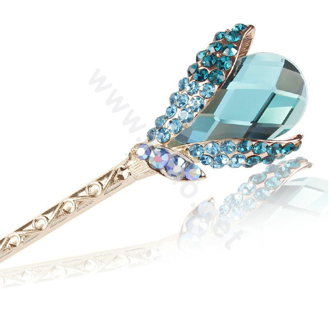 Elegant Rhinestone Crystal Flower Hairpin Hair Clasp Clip Fork Stick - Blue