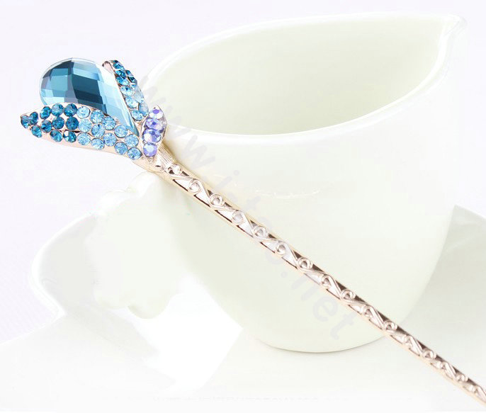 Elegant Rhinestone Crystal Flower Hairpin Hair Clasp Clip Fork Stick - Blue