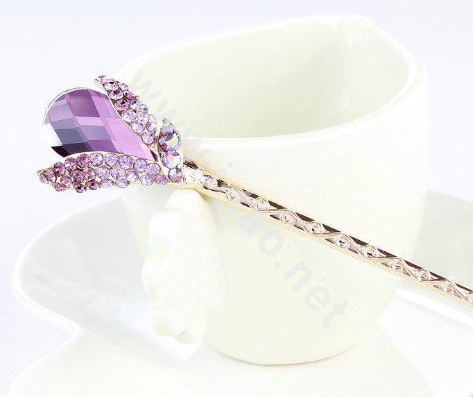 Elegant Rhinestone Crystal Flower Hairpin Hair Clasp Clip Fork Stick - Purple