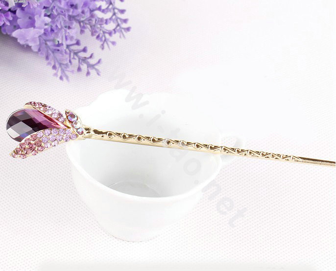Elegant Rhinestone Crystal Flower Hairpin Hair Clasp Clip Fork Stick - Purple