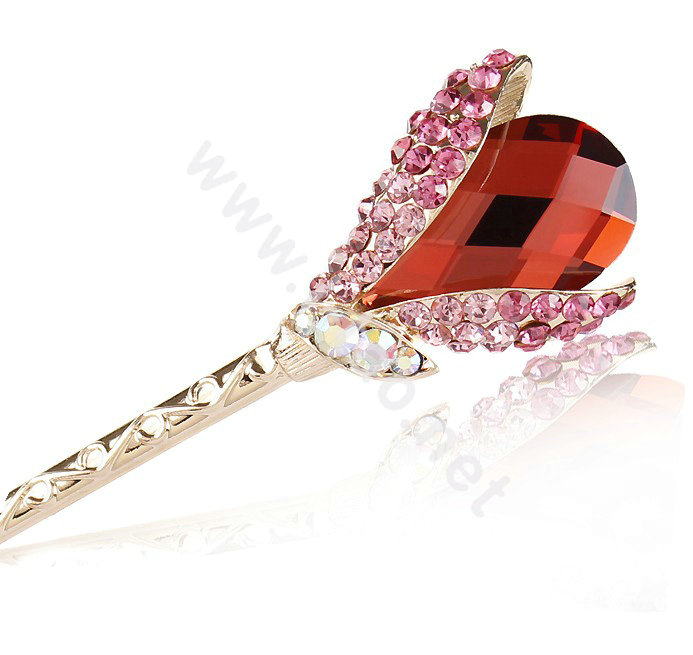 Elegant Rhinestone Crystal Flower Hairpin Hair Clasp Clip Fork Stick - Red