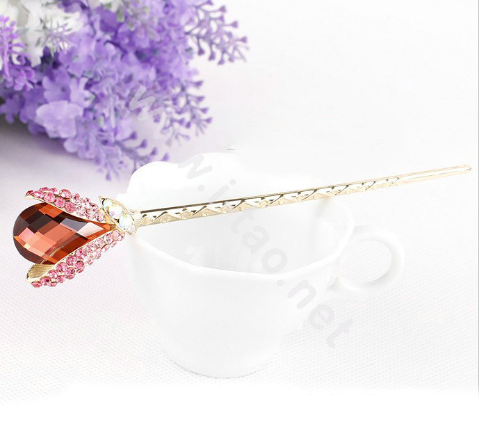 Elegant Rhinestone Crystal Flower Hairpin Hair Clasp Clip Fork Stick - Red