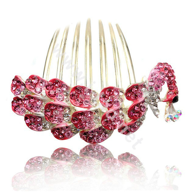 Fashion Hair Accessories Rhinestone Crystal Peacock Alloy Hair Combs Clip - Red