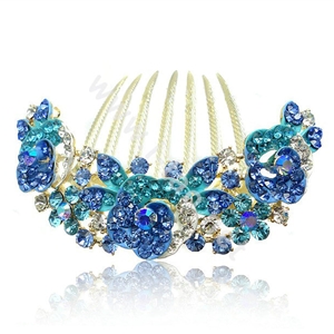Hair Accessories Alloy Crystal Rhinestone Flower Bride Hair Combs Clip - Blue