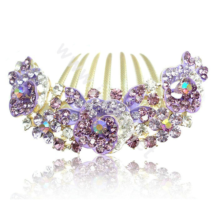 Hair Accessories Alloy Crystal Rhinestone Flower Bride Hair Combs Clip - Purple