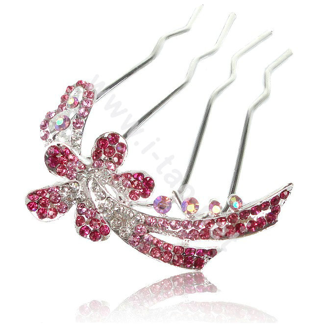 Hair Accessories Alloy Crystal Rhinestone Flower Hair Pin Clip Fork Combs - Pink