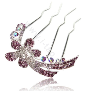 Hair Accessories Alloy Crystal Rhinestone Flower Hair Pin Clip Fork Combs - Purple