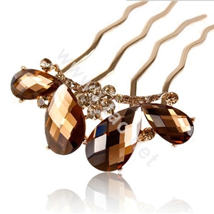 Hair Accessories Alloy Crystal Rhinestone Hair Pin Clip Fork Combs - Coffee