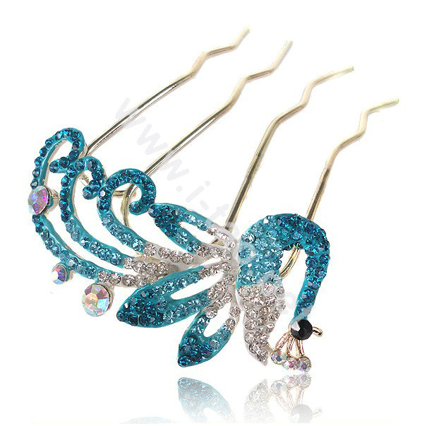 Hair Accessories Alloy Crystal Rhinestone Peacock Hair Pin Clip Fork Combs - Blue