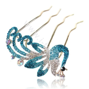 Hair Accessories Alloy Crystal Rhinestone Peacock Hair Pin Clip Fork Combs - Blue