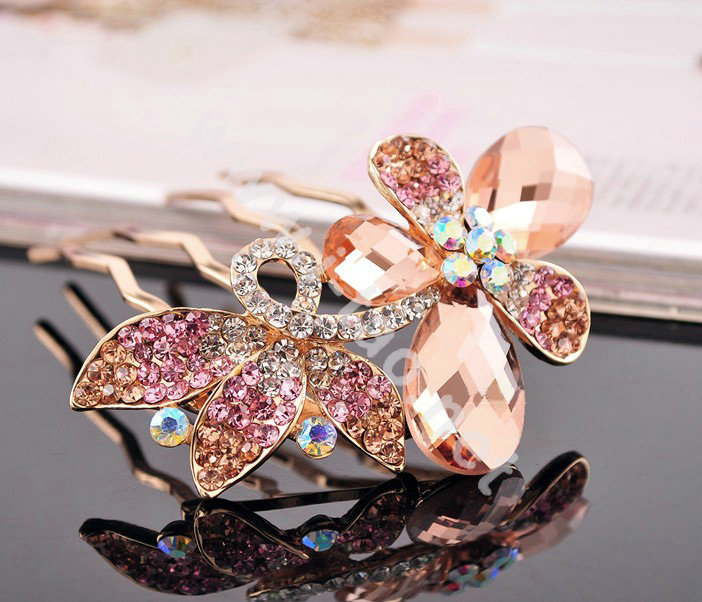 Hair Accessories Alloy Rhinestone Crystal Butterfly Hair Pin Clip Fork Combs - Champagne