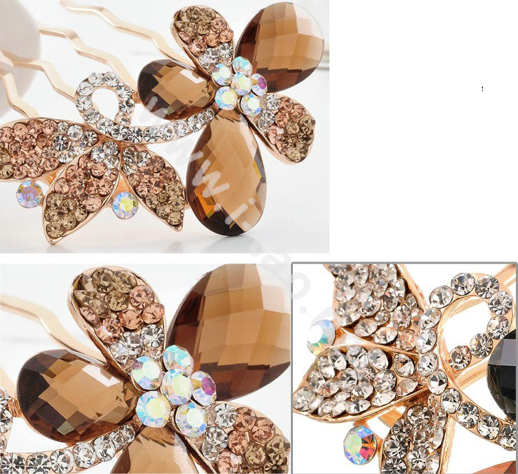 Hair Accessories Alloy Rhinestone Crystal Butterfly Hair Pin Clip Fork Combs - Coffee
