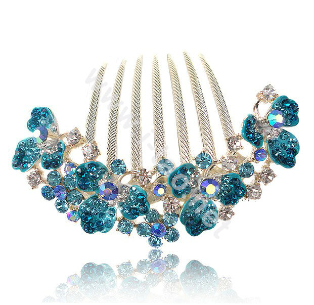 Hair Accessories Alloy Rhinestone Crystal Flower Bride Hair Combs Clip - Blue