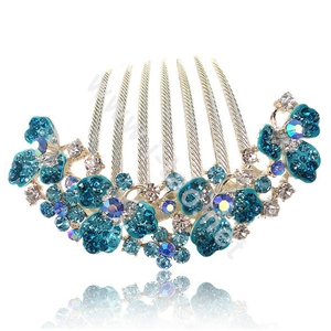 Hair Accessories Alloy Rhinestone Crystal Flower Bride Hair Combs Clip - Blue