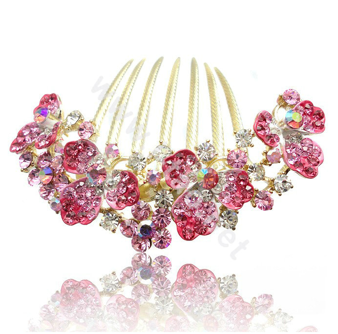 Hair Accessories Alloy Rhinestone Crystal Flower Bride Hair Combs Clip - Pink